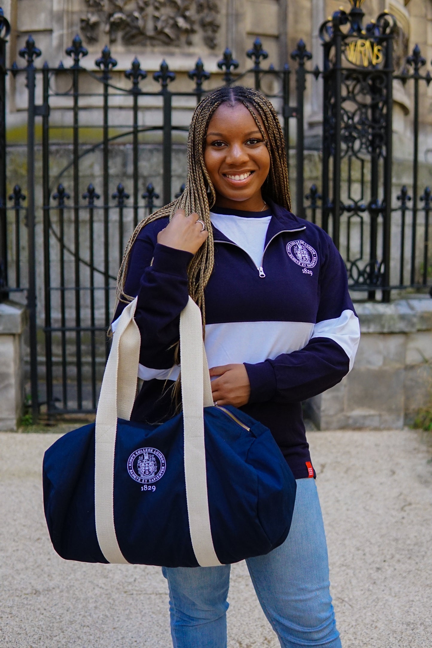 King's College London Quarter Zip Sweatshirt in Navy/White