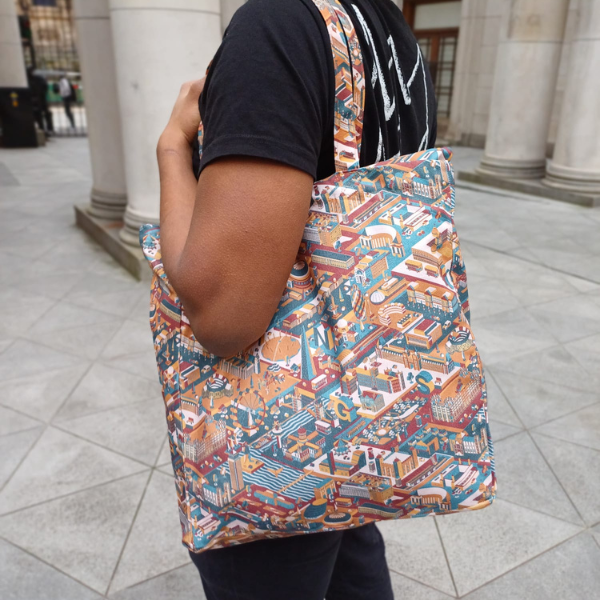 King's College London Urban Illustration Tote Brown and Aqua