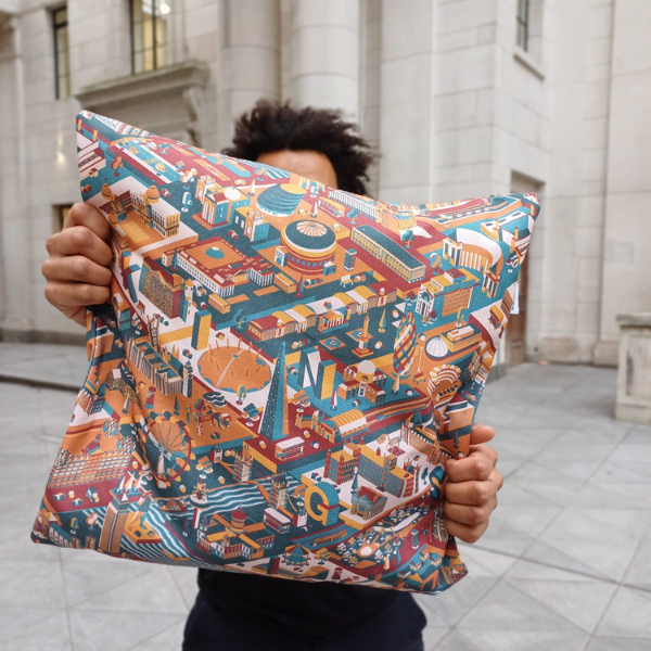 King's College London Urban Illustration Cushion Cover Brown and Aqua