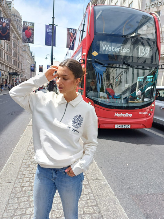 King's College London Collared Quarter Zip Sweatshirt in Ivory
